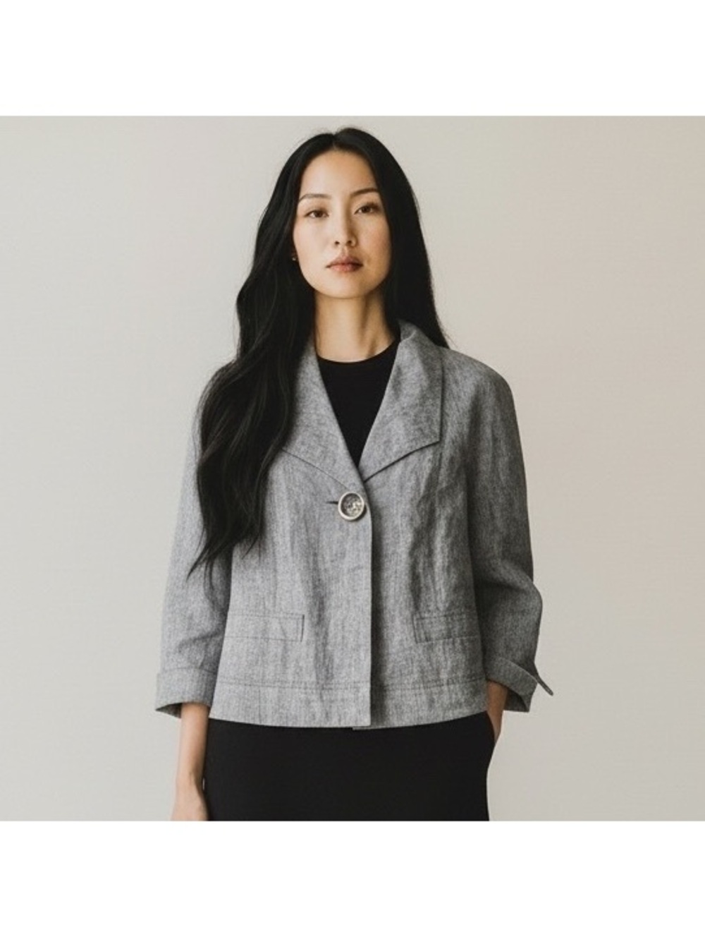 Ellen Tracy Grey 100% Linen Cropped Blazer Jacket Single Button Size 6